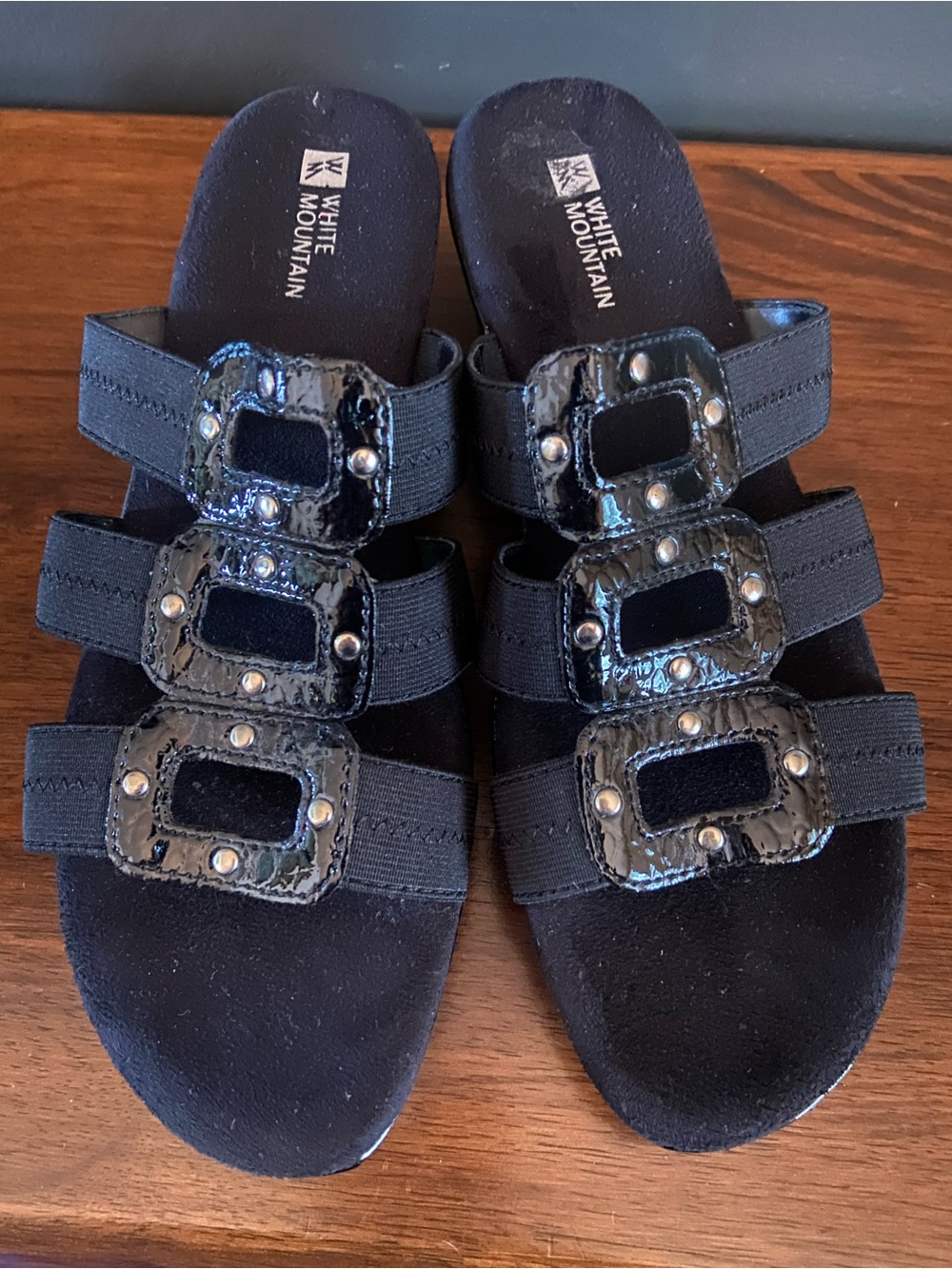 White Mountain Black Triple-Strap Slide Mules with Decorative Buckles